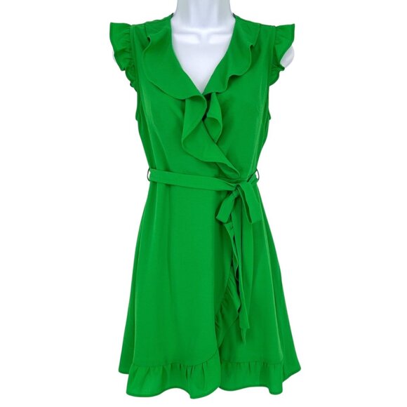 Monteau Green Ruffled Wrap Midi Dress Flutter Sleeve Size Small - Picture 1 of 12